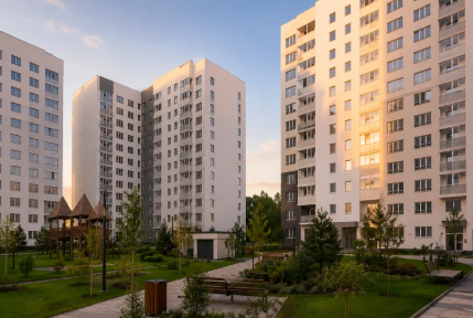 Condomínio residencial moderno com edifícios e área verde ao entardecer